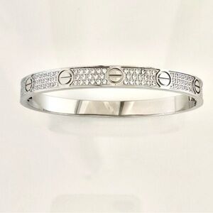 Pave Diamond Screw Cuff Bangle Bracelet Silver